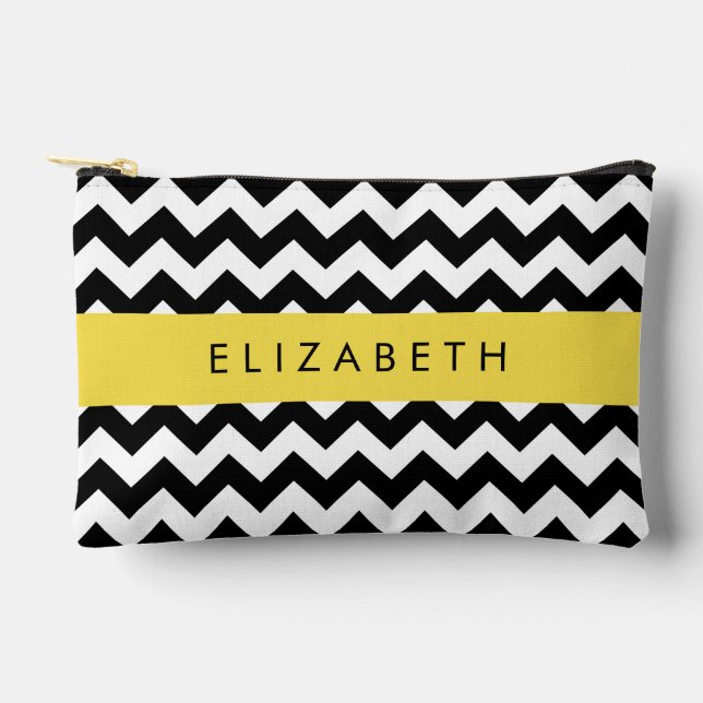 Pochette À Accessoires Zigzag noir et blanc, Motif Chevron, Votre nom (Recto)