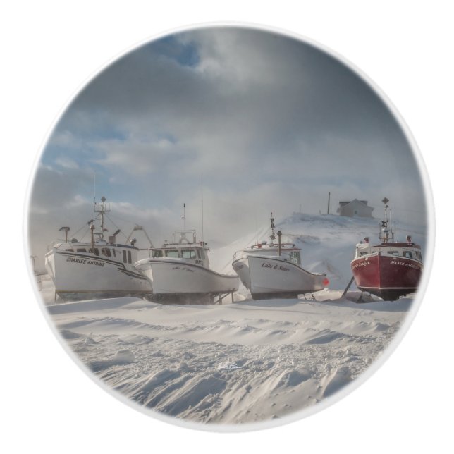 poignée de porte, bateaux de pêche dans la neige (Devant)