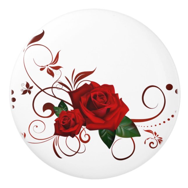 Poignée de porte en bois Rose rouge florale (Devant)
