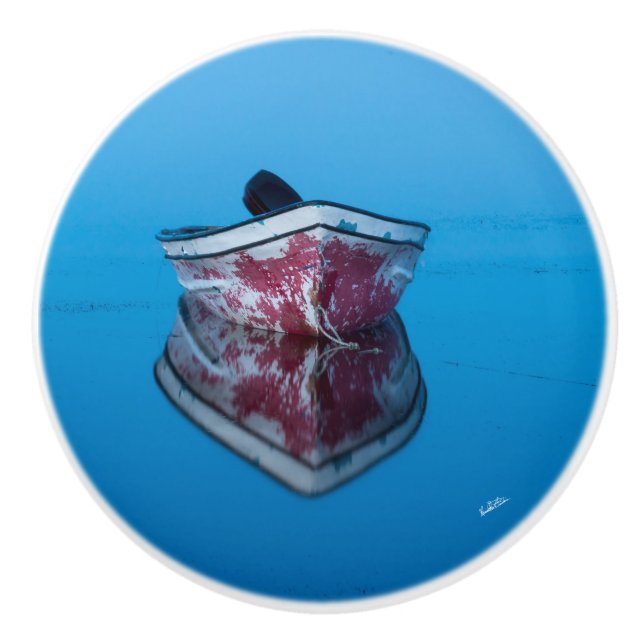 Poignée de porte, photo d'une barque sur l'eau (Devant)