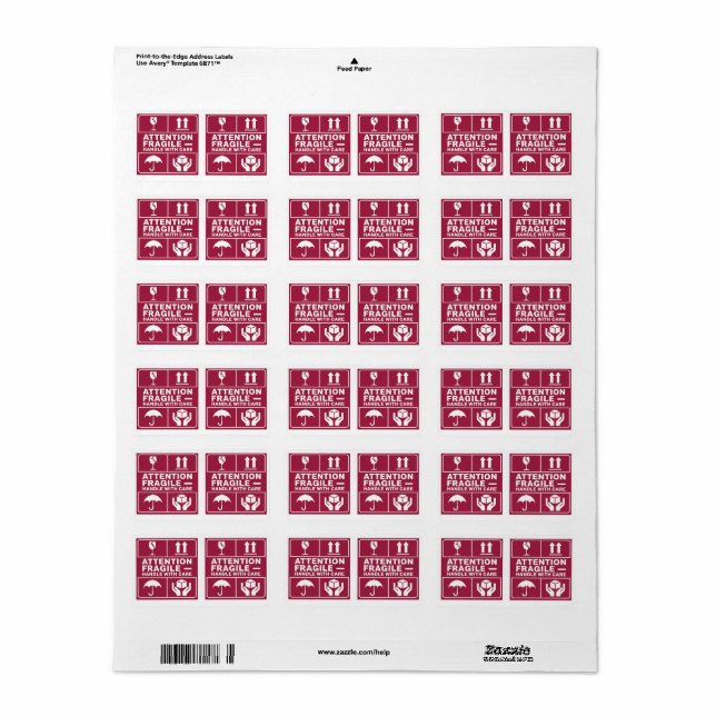 Poignée fragile rouge avec soins images Étiquette  (Feuille entière)