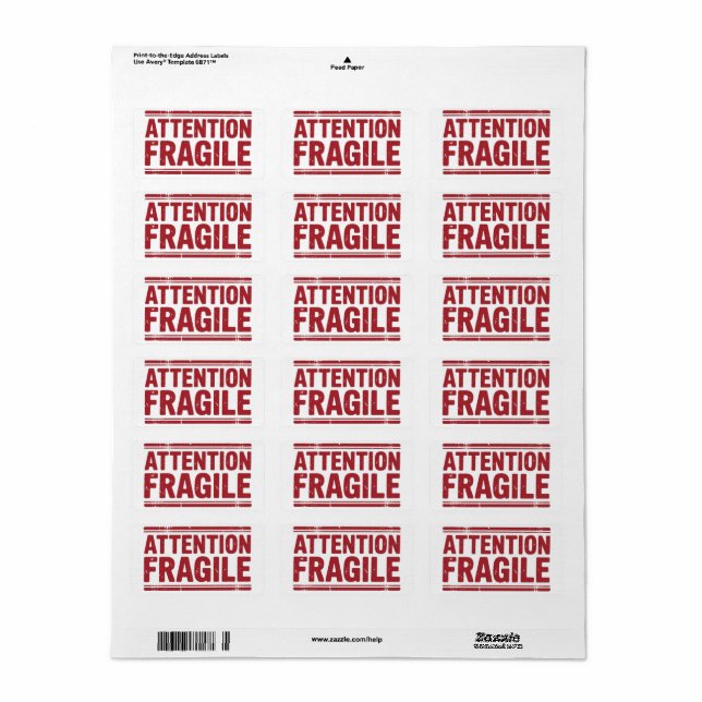 Poignée fragile rouge avec soins images Étiquette  (Feuille entière)