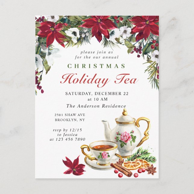 Poinsettia Christmas Holiday Tea Invitation Card (Devant)