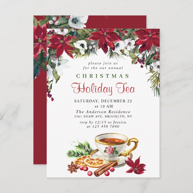 Poinsettia Christmas Holiday Tea Invitation Card (Devant / Derrière)