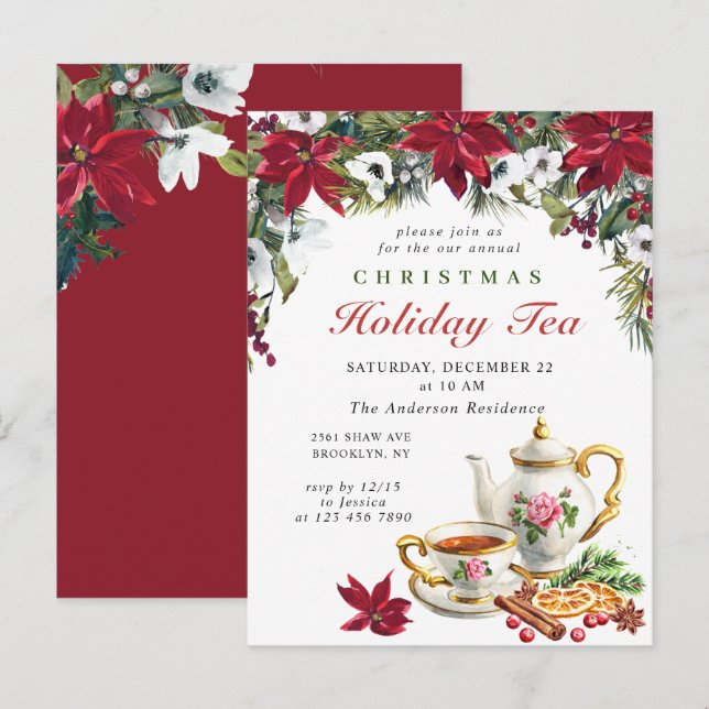 Poinsettia Christmas Holiday Tea Invitation Card (Devant / Derrière)