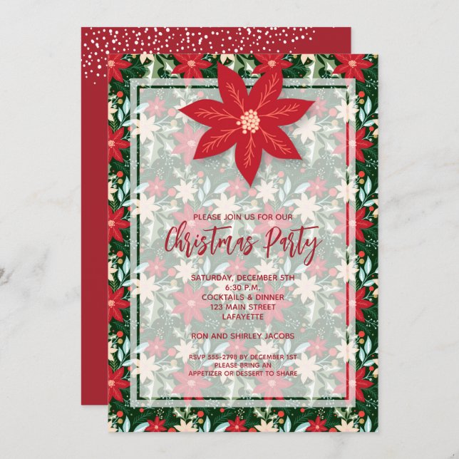Poinsettia Floral Vacances Invitations de Noël (Devant / Derrière)