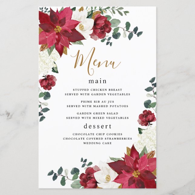 Poinsettia Floral Winter Rouge Mariage Menu Cartes (Devant)