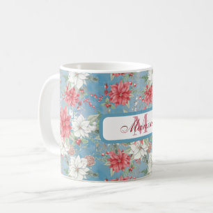 Poinsettia florale Mug sur bleu Personnalisé