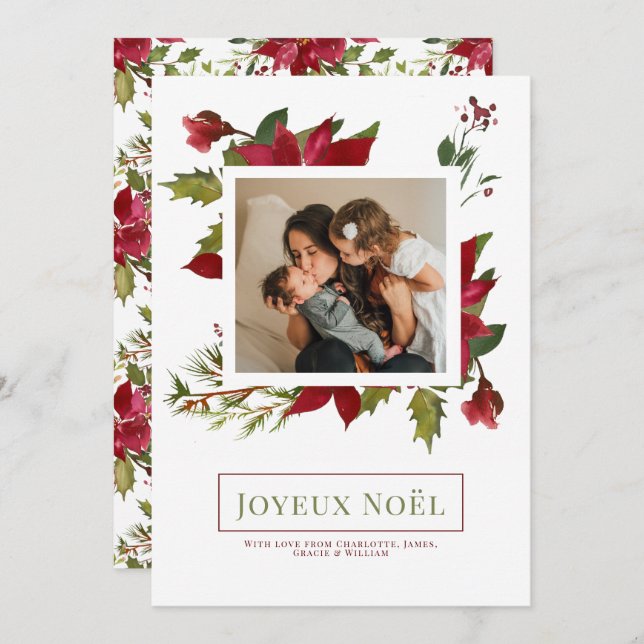 Poinsettia Joyeux Noël Elégante carte de Noël (Devant / Derrière)