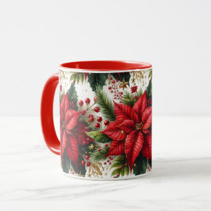 Poinsettia rouge festif avec mug de Noël en or