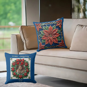 Poinsettia sur Coussin de Lancement Bleu