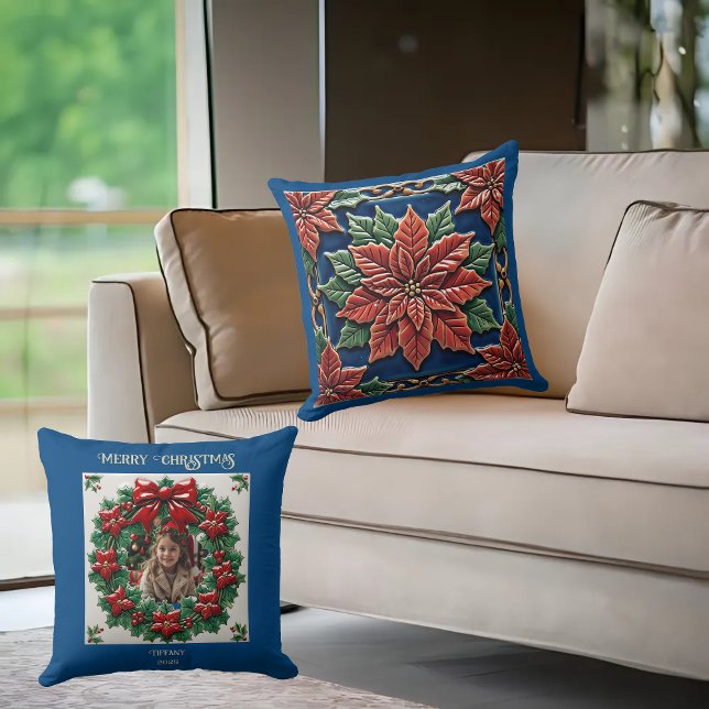 Poinsettia sur Coussin de Lancement Bleu (Créateur téléchargé)
