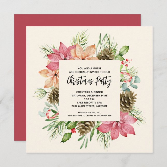 Poinsettias et Pine Noël Invitations (Devant / Derrière)