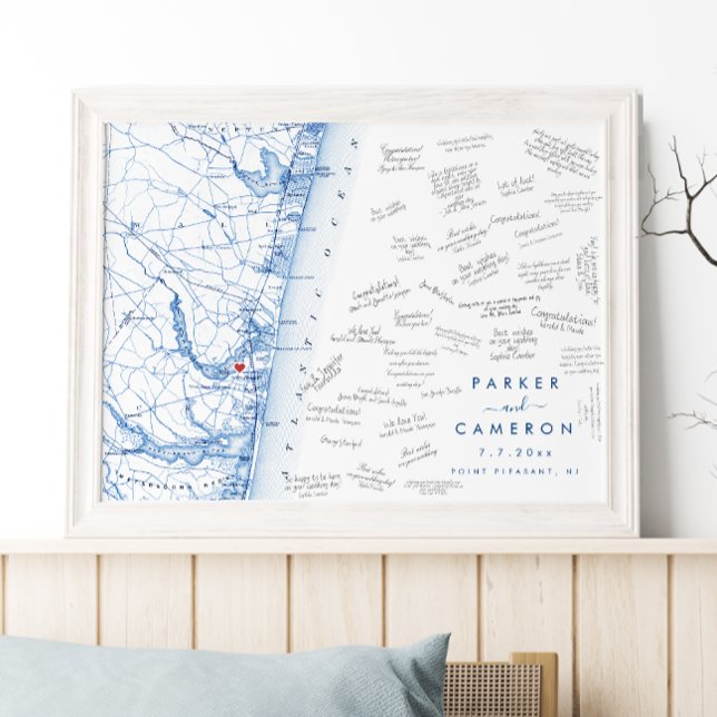 Point Agréable NJ Carte Mariage Poster du livre d' (Point Pleasant NJ Map Wedding guest book poster in modern navy blue from Coastal Map Designs)
