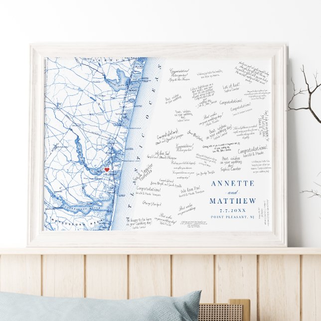 Point Agréable NJ Carte Mariage Poster du livre d' (Point Pleasant NJ Map Wedding guest book poster in elegant navy blue from Coastal Map Designs)