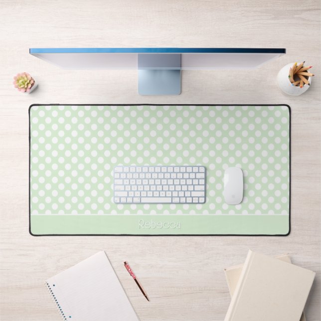 Point Polka blanc sur Motif vert pâle avec nom (Bureau 1)
