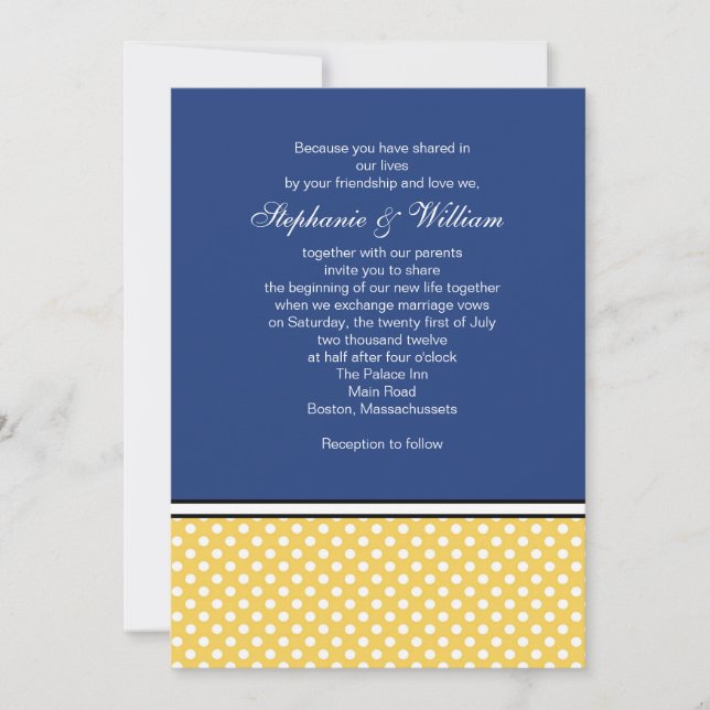 Pointe Polka jaune et Faire-part de mariage bleue (Devant)