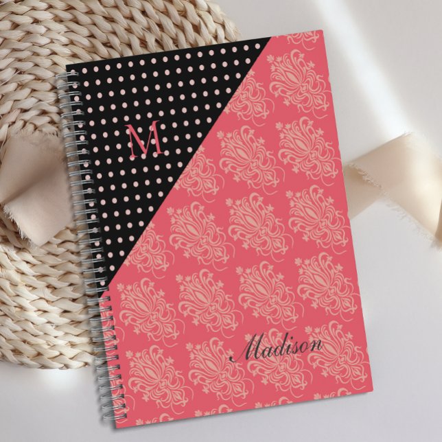 Points Damas Roses Noirs Fille Monogramme tendance (Créateur téléchargé)