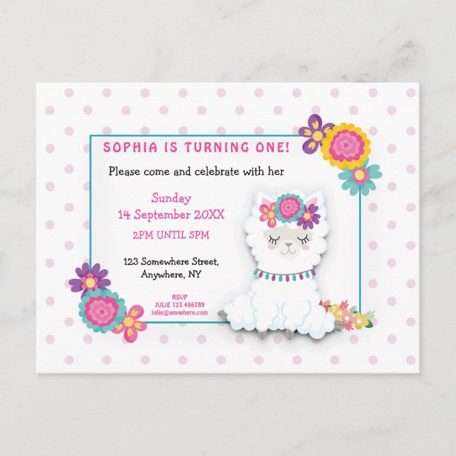 Points Llama blanc mignon Première invitation anni (Devant)