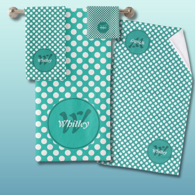 Points Polka Classiques Turquoise & Monogramme Nom (Classic Polka Dots Turquoise & White Monogram Name Bath Towel Set)