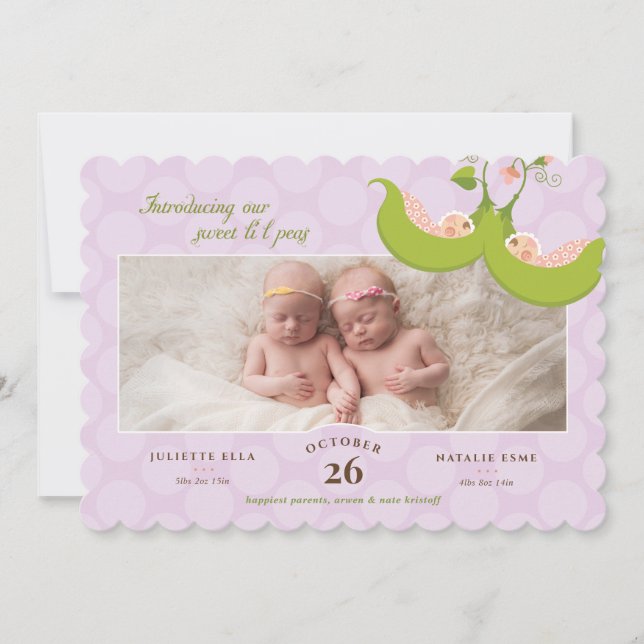 Pois dans un pod Twin Girls 1 Pic Faire-part de na (Devant)