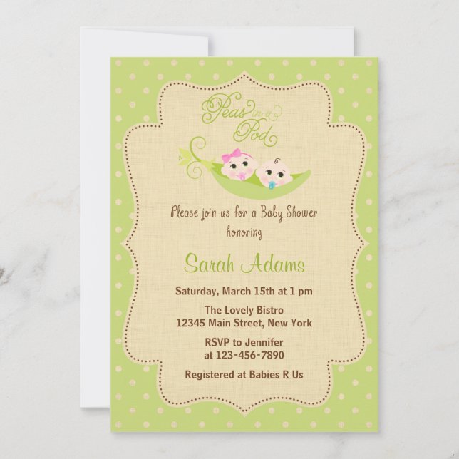 Pois dans une invitation de baby shower de cosse (Devant)