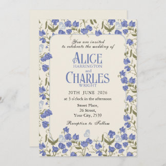 Pois doux Floral bleu et crème Invitation