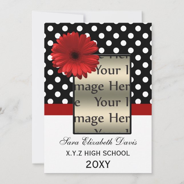 pois marguerite rouge Graduation photo Invitations (Devant)
