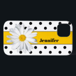 Pois noirs et blancs, coque iphone de marguerite<br><div class="desc">Cet iPhone 13 coque motif à pois noir et blanc moderne et tendance a une bande jaune vif et une grande fleur Shasta Daisy, avec un texte modèle pour vous de personnaliser avec votre monogramme, initiales, nom ou autre texte. Parfait pour la jeune femme amoureuse de plaisir avec le sass....</div>