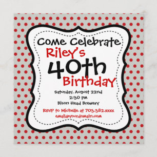 Pois Red Grey 40th Birthday Party Invitation