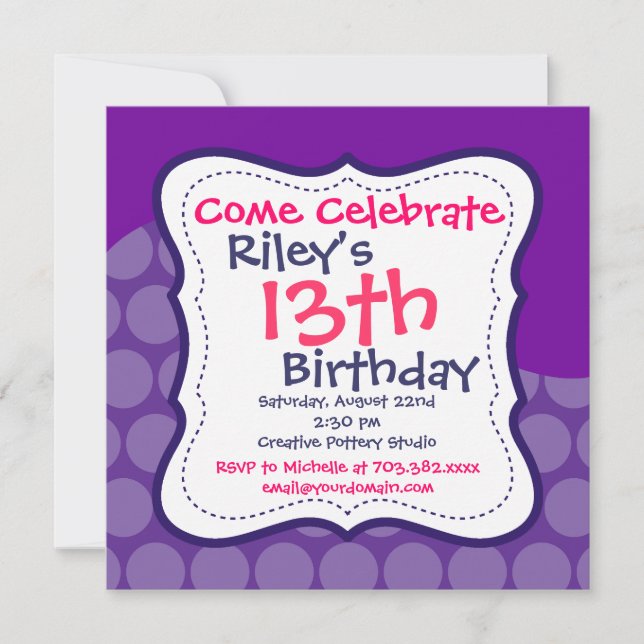 Pois rose violet Invitations de fête d'anniversair (Devant)