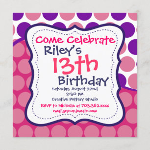Pois rose violet Invitations de fête d'anniversair