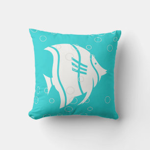 Poisson blanc sur COUSSIN bleu turquoise