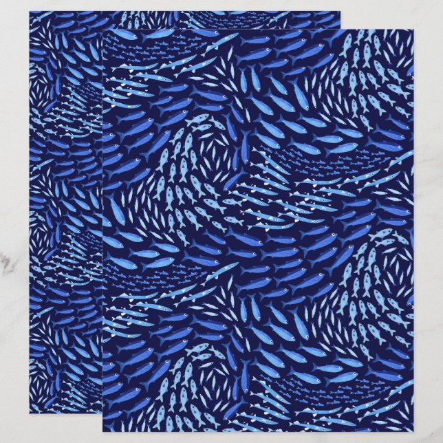Poisson bleu de l'océan nageant - Papier scrapbook (Devant / Derrière)