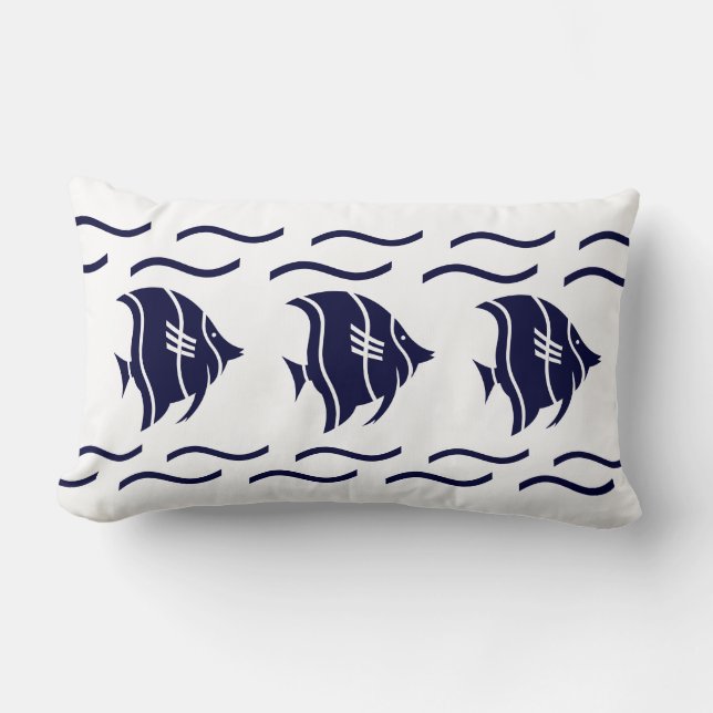 poisson bleu marine & vagues sur un COUSSIN blanc (Recto)