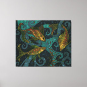 Poisson d'or, noir et Turquoise, toile sous-marine