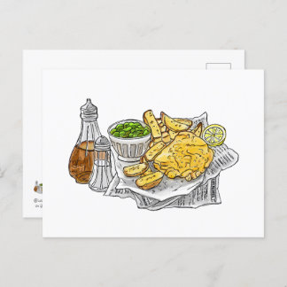 Poisson et chips sur une carte postale