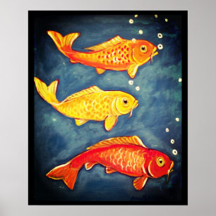Poisson Koi Orange Jaune Blue Goldfish Art Poster
