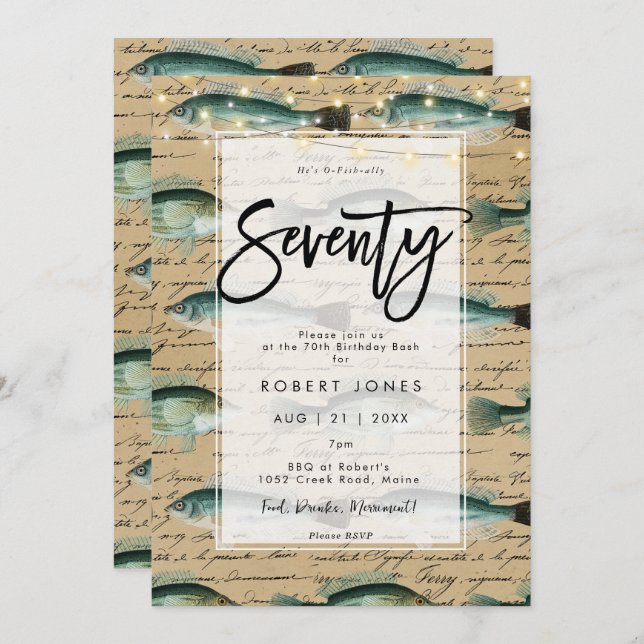 Poisson vintage 70e anniversaire invitation (Devant / Derrière)