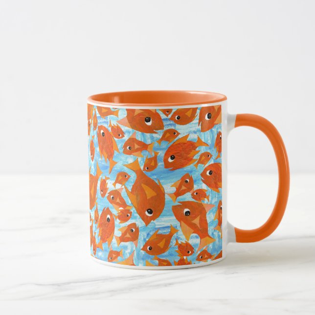 Poissons d'Orange Ditzy sur Mug de Ringer Bleu Aqu (Droite)