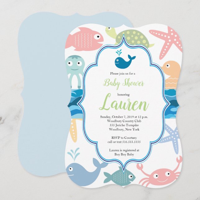 Poissons et créatures marines invitation baby show (Devant / Derrière)