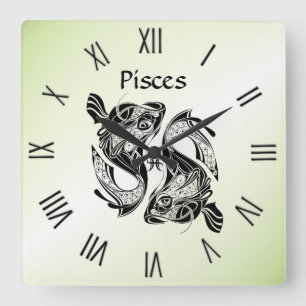 Poissons Zodiac Horloge verte chiffres romains