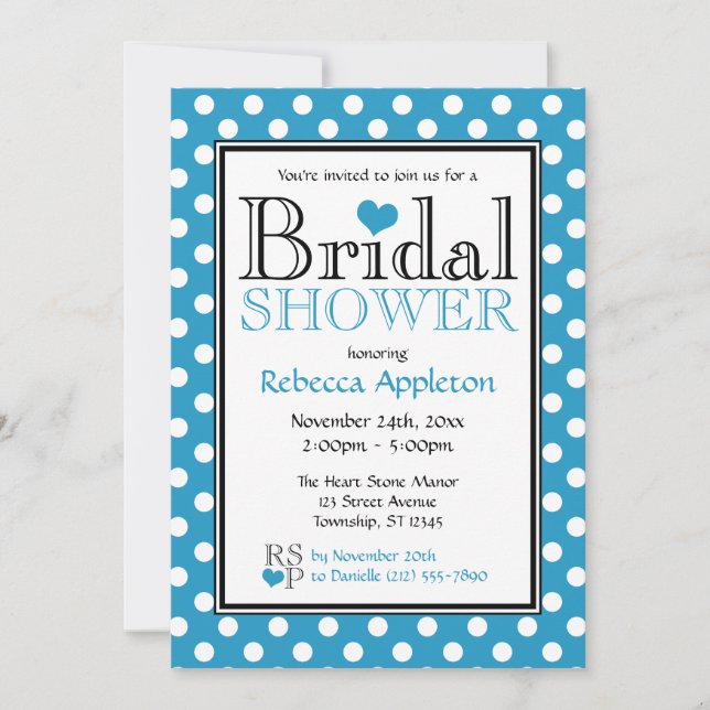 Poka Dot Bleu Coeur Bridal Douche Invitations (Devant)