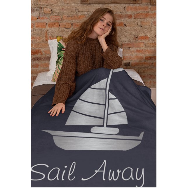 Polaire Argent et marine Voilier Fleece Couverture de bate (Sail away cozy blanket with a sailboat.)
