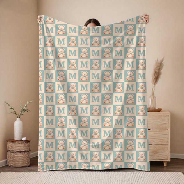 Polaire Cadeau de couverture pour bébé en forme d'ours en  (Custom Checkered Baby Name Blanket Gift for Baby Shower & Kids, Baby Initial Name Teddy Bear Blanket)