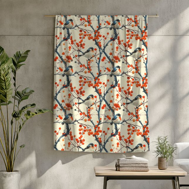 Polaire Charmante couverture d'oiseaux avec design de fleu (Charming Birds Blanket with Autumn Flower Design)