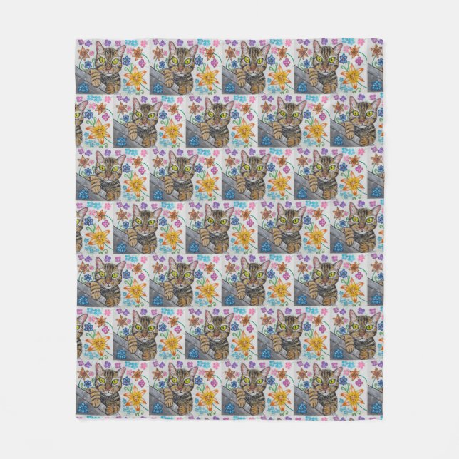 Polaire Chat tigré et couverture de fleurs  (Devant)