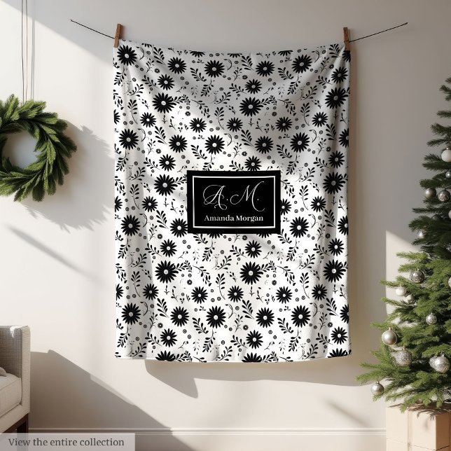 Polaire Couleurs Tendances Couverture Personnalisée Noir B (Trendy Colors Custom Blanket Black White Botanical)