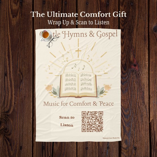 Polaire Couverture à code QR de musicothérapie Cozy - Hymn (Senior sensory blanket featuring a vintage hymn book and a scannable QR code for classic hymns.)