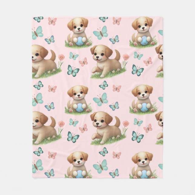 Polaire Couverture à motif chiots et papillons (Devant)